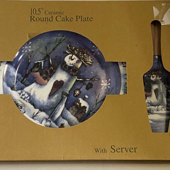 Winter Wishes 10.5" Ceramic Round Cake Pie Cookie Server Set Snowman Design - Picture 3 of 5